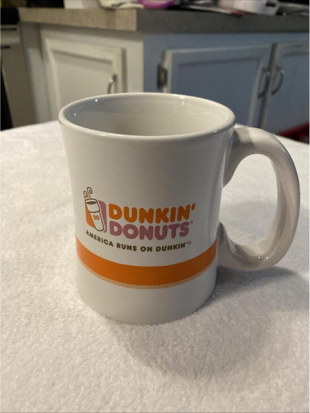 2008 Dunkin' Donuts America Runs on Dunkin Orange Stripe Heavy Ceramic Mug Cup